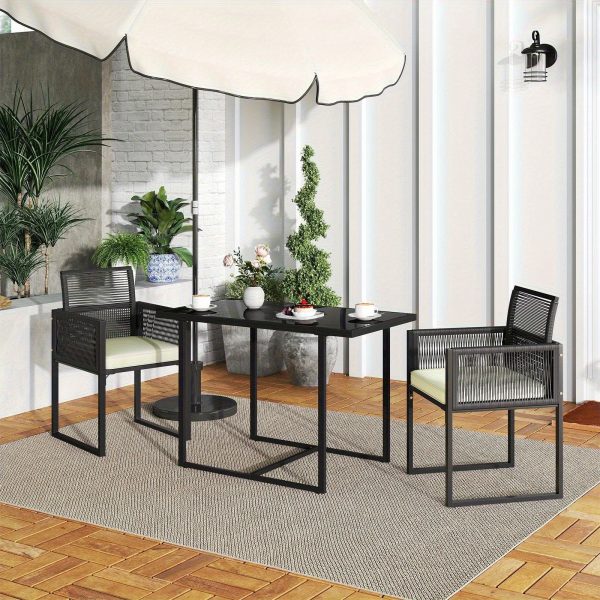 product-open-d858bef5dab046e3ba0f252ae2ca6728-goods LIFEZEAL 3pcs Patio Dining Set, Outdoor Space-Saving PE Wicker Bistro Set with Cushions, Patio Tempered Glass Top Table and Chairs Set for Porch, Garden and Backyard