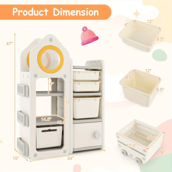 product-open-d9194fd1eb16424fae543b80a9f12f35-goods COSTWAY Kids Storage Organizer, Multipurpose Chest and Bookshelf w/ Mobile Trolley, Enclosed Cabinets & Storage Bins, Side Bookshelves, Storage Cabinet w/ Unique Roof