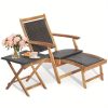 MULTIGOT 2pcs Patio Rattan Folding Lounge Chair Table Acacia Wood W/Retractable Footrest