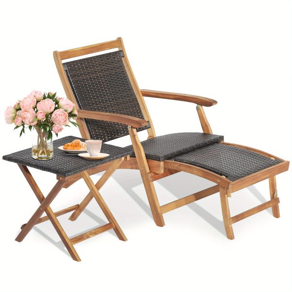 MULTIGOT 2pcs Patio Rattan Folding Lounge Chair Table Acacia Wood W/Retractable Footrest