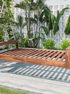 Garden seating. Swing chair. Double-sized porch swing bed seating set with hemp rope swing frame, suitable for gardens and backyards. Minimalist rustic style, ideal for courtyards and gardens. Mattress sold separately.