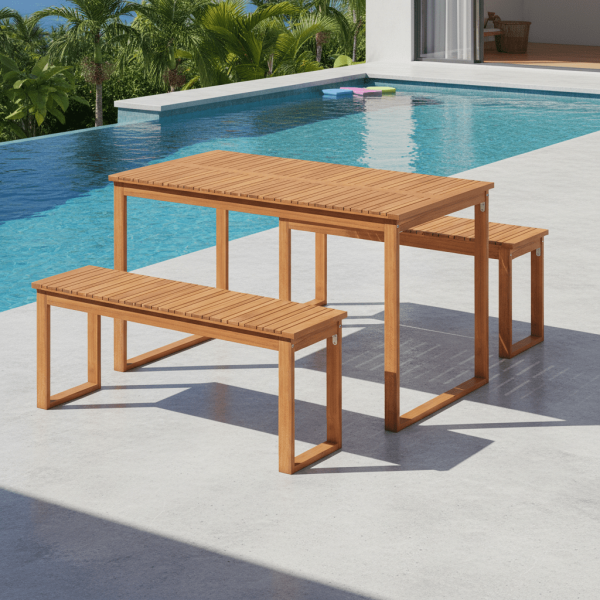 3pcs Patio Dining Set, Acacia Wood Rectangular Picnic Beer Table with 2 Benches for 4 People, Outdoor Dining Furniture Set for Backyard, Garden and Poolside