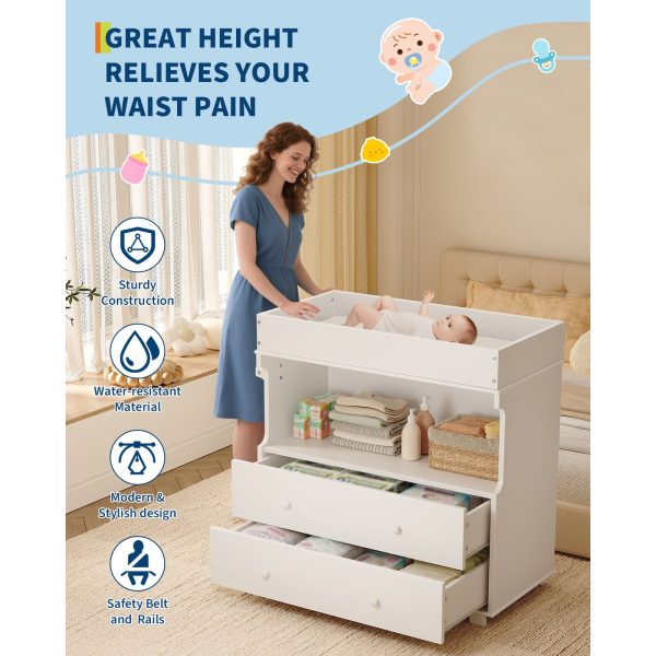 Baby Changing Table Dresser with 2 Drawers & Open Shelf - Modern White Nursery Dresser, Diaper Changing Station with Lock-Free Design, Non-Wood Durable, Easy Assembly for Kids Room, Nursery, Baby Room Storage Organizer
