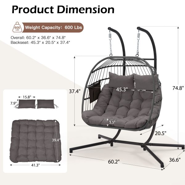product-open-da237110bdc44ef7a60ab954b578f2e3-goods 2 Person Hanging Egg Chair with Stand, Outdoor Wicker Swing Chair with Cushion, Heavy Duty Loveseat Chair for Patio Balcony Bedroom