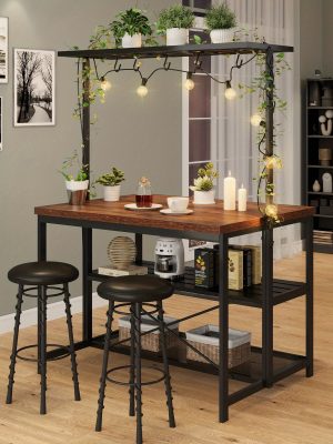 42" Kitchen Island with Storage - 3-Tier Bakers Rack, Microwave Stand, Dining Table for 4, 5 Hooks & 50lb Capacity, Multi-Functional Island for Small Kitchens (Brown)