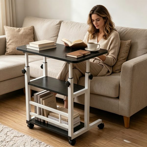 product-open-da985c555a7f46aa9d1bddbff44c271d-goods Height Adjustable Computer Desk with Storage Shelf and Wheels, Mobile Rolling Desk for Home Office, Small Space Study Workstation Desk