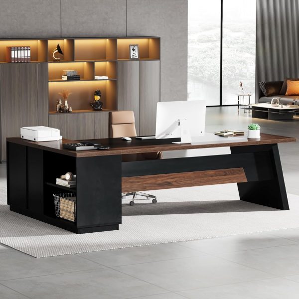 product-open-da9a9ff300474966a079b3f86f0c52fb-goods 78" Extra Wide Executive Desk - Heavy-Duty Home Office Desk with L-Shaped Workstation, Built-in Storage Drawers & File Cabinet, Walnut Finish - for Professional Office or Study - Easy Assembly, Desk Accessories Office, Spacious Workspace, Sophisticated Design, Engineered Wood Construction, Contemporary Furniture, Solid Build, Remote Workers