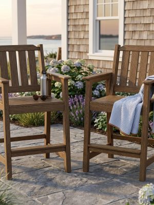 2026 New Courtyard Dining Tables And Chairs, All-Weather HDPE Patio Bar Stools Set of 2 - Tall Chairs with Armrests, Ergonomic Wide Back And Seat, Outdoor Bar Furniture for Balcony, Garden, Poolside - Black (2 Sheets/Box)