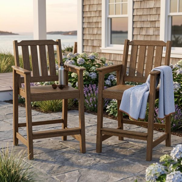 2026 New Courtyard Dining Tables And Chairs, All-Weather HDPE Patio Bar Stools Set of 2 - Tall Chairs with Armrests, Ergonomic Wide Back And Seat, Outdoor Bar Furniture for Balcony, Garden, Poolside - Black (2 Sheets/Box)
