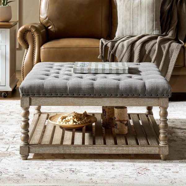 product-open-dd032729989e4a45ae189405d05b5ce4-goods Rectangular Upholstered Coffee Table Ottoman Featuring Spindle Wooden Legs, Tufted Design, And a Solid Wood Storage Shelf for The Living Room