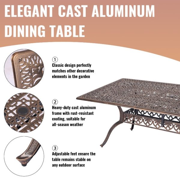9pcs Cast Aluminum Outdoor Patio Dining Set - Ornate Scrollwork Design, Weather-Resistant Rust-Proof Frame, Square Table & 6 Cushioned Chairs, Suitable for Garden, Backyard & Poolside