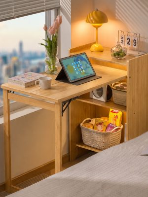 Bamboo Folding Desk for Small Spaces with Storage, Foldable Mid Century Modern Drop Leaf Desk, Vintage Fold Out Hideaway Small Desks for Bedroom Or Home Office