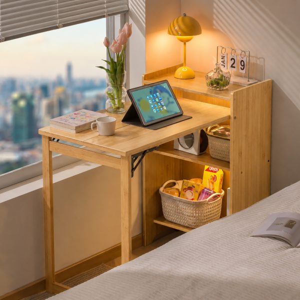 product-open-ddcc0afae11c46b98dc9edd18322f2a6-goods Bamboo Folding Desk for Small Spaces with Storage, Foldable Mid Century Modern Drop Leaf Desk, Vintage Fold Out Hideaway Small Desks for Bedroom Or Home Office