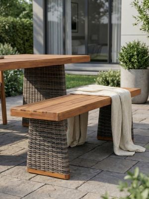 Outdoor 1pc Acacia Wood Bench, Teak Finish+ Grey Wicker