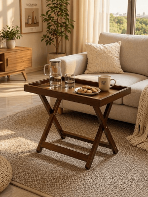 Foldable Side Table with Raised Edge Tray, X-Shaped Legs, Multi-Purpose Bedside & Sofa Table for Bedroom Living Room Bay Window