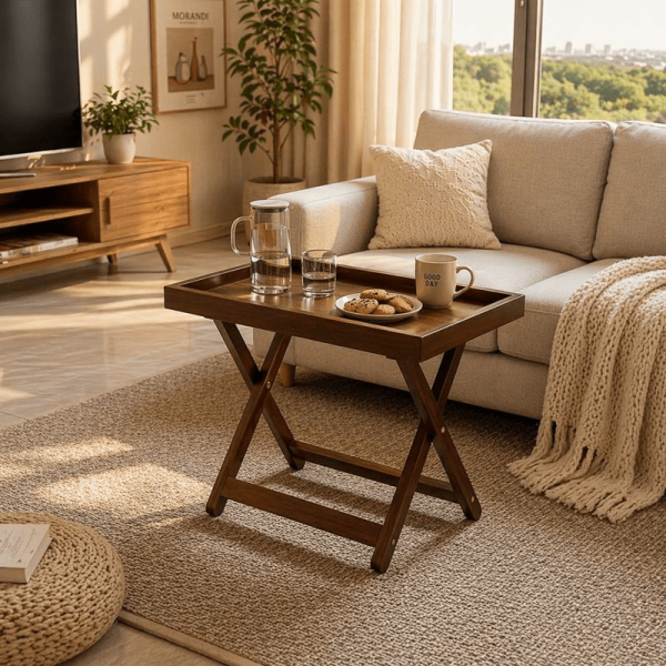 product-open-de81a60bec84483189314af5c9158317-goods Foldable Side Table with Raised Edge Tray, X-Shaped Legs, Multi-Purpose Bedside & Sofa Table for Bedroom Living Room Bay Window
