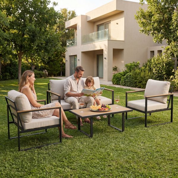 product-open-df093d4dfa354e1e955b6b02a3e7c6e4-goods 4pcs Outdoor Patio Furniture Set in Grey, Conversation Sofa Set with Metal Frame And All-Weather PE Rope Weaving, UV Resistant And Waterproof Couch with Table for Garden, Balcony, Backyard
