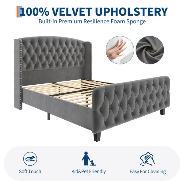 product-open-dfba6b4b06bd4a86959385c9c9b5e7ce-goods Modern Queen Platform Bed Frame with Wingback Headboard - Cream Beige Suede Upholstery, Deep Button Tufted, Sturdy Slats & Noise-Free Base, No Box Spring Required, Easy Assembly Suitable for Luxury Bedroom Furniture
