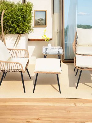 5pcs Patio Furniture Set, All-Weather Wicker Sofa with Ottomans and Glass Table, Outdoor Conversation Set, Waterproof Cushions, Easy Assembly