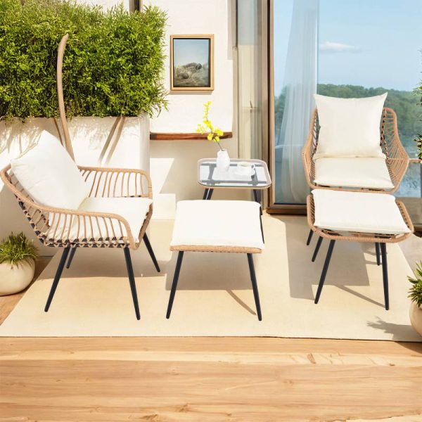 product-open-dff1b540eea7488ab1e04602750b6c3a-goods 5pcs Patio Furniture Set, All-Weather Wicker Sofa with Ottomans and Glass Table, Outdoor Conversation Set, Waterproof Cushions, Easy Assembly