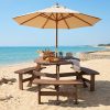 product-open-e0dc4807cc2141b3b697110dfae80406-goods 6-Person Outdoor Wooden Picnic Table, Round Table And 3 Benches with Umbrella Hole, Outdoor Seating And Dining Furniture for Patio Garden Backyard Lawn, 1700 LBS Capacity