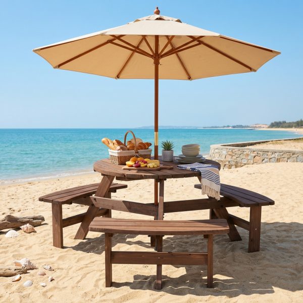 product-open-e0dc4807cc2141b3b697110dfae80406-goods 6-Person Outdoor Wooden Picnic Table, Round Table And 3 Benches with Umbrella Hole, Outdoor Seating And Dining Furniture for Patio Garden Backyard Lawn, 1700 LBS Capacity