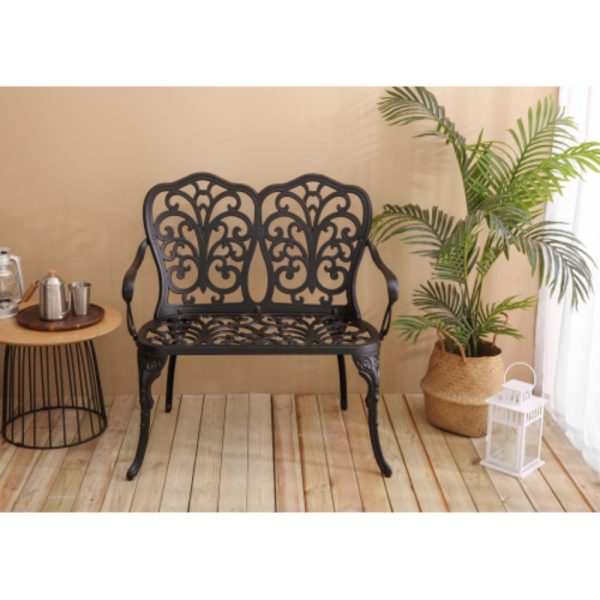 [Heavy-Duty Outdoor Bench] Heavy-Duty Cast Aluminum Outdoor Bench with Elegant Black Wrought Iron-Like Design - Heavy-Duty Garden, Patio, Park Bench - All-Weather & Rustproof - Sturdy Curved Backrest & Footrest - Easy Assembly for Deck, Lawn, Front Porch - Modern Outdoor Furniture with Butterfly Patterns - Smooth Edges for - Comfortable & Stable - Durable Cast Aluminum - Black
