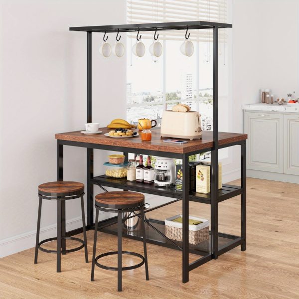 42" Kitchen Island with Storage - 3-Tier Bakers Rack, Microwave Stand, Dining Table for 4, 5 Hooks & 50lb Capacity, Multi-Functional Island for Small Kitchens (Brown)