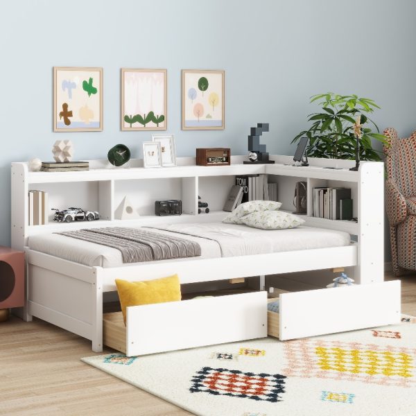 Twin Size L-Shaped Bookcase Bed with Bookshelf Headboard & Two Drawers - Space-Saving Storage Bed Frame, Modern Suitable for Small Rooms, Dorms, Apartments, No Assembly Required (No Wood)