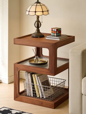 A Bedside Table That Doesn't Require Assembly Bedside Table, Walnut Wood Nightstand, Small Bedside Table with Open Compartment, Tempered Glass Top, Modern End Table for Bedroom & Living Room Furniture