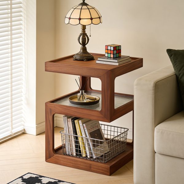 A Bedside Table That Doesn't Require Assembly Bedside Table, Walnut Wood Nightstand, Small Bedside Table with Open Compartment, Tempered Glass Top, Modern End Table for Bedroom & Living Room Furniture