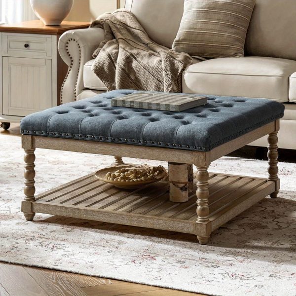 product-open-e2b401a2238243eebaf7672cde351a03-goods Rectangular Upholstered Coffee Table Ottoman Featuring Spindle Wooden Legs, Tufted Design, And a Solid Wood Storage Shelf for The Living Room