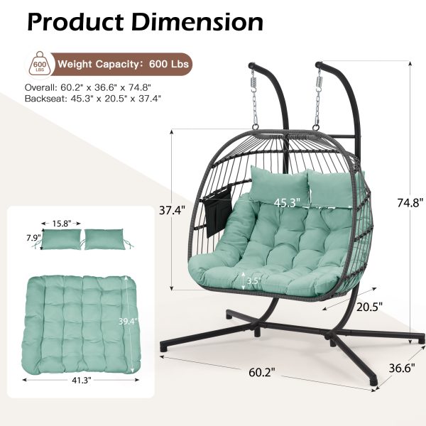 product-open-e2d662b837434770903692c233c5c8d8-goods 2 Person Hanging Egg Chair with Stand, Outdoor Wicker Swing Chair with Cushion, Heavy Duty Loveseat Chair for Patio Balcony Bedroom