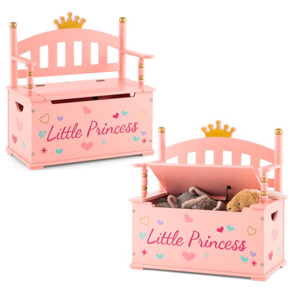 product-open-e36a3b4b8c98444d9340ecff2234f37e-goods COSTWAY Kids Storage Organizer, 2-in-1 Storage Chest & Bench, w/ Safety Hinge & High Backrest, Cute Crown Pattern, Storage Organizer for Kids Room, Playroom, Nursery