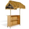 product-open-e371b5c0dd4a47d8b963ab13f00df62b-goods Outdoor Bar Set with Grass Canopy, 2-Seat Patio Bar Table And Stools, Bar Height Outdoor Dining Set, Adjustable Feet Design, Built-In Storage Space, Tiki Bar Furniture for Backyard Poolside Garden Deck Porch Balcony