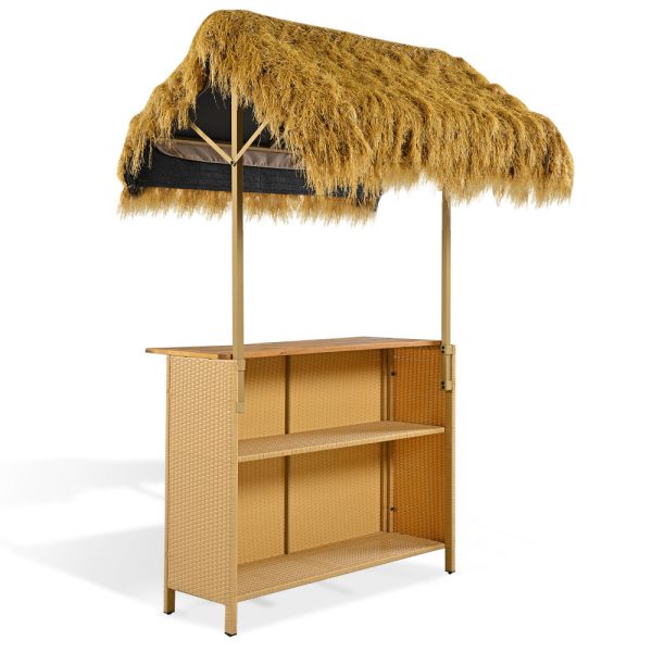 product-open-e371b5c0dd4a47d8b963ab13f00df62b-goods Outdoor Bar Set with Grass Canopy, 2-Seat Patio Bar Table And Stools, Bar Height Outdoor Dining Set, Adjustable Feet Design, Built-In Storage Space, Tiki Bar Furniture for Backyard Poolside Garden Deck Porch Balcony