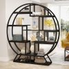 product-open-e612ffa8609c4d33b86665adba2a821e-goods 63 Inch Round Industrial Bookshelf - Rustic Wood & Metal Etagere Bookcase with Staggered Shelves, 350lb Capacity, Adjustable Leg Pads, Matte Black & Brown Finish, Open Shelving Organizer for Living Room, Home Office, Bedroom, Kitchen, Bookshelf Decorations, Versatile Display Shelf, Round Silhouette Shelf, Durable Particleboard