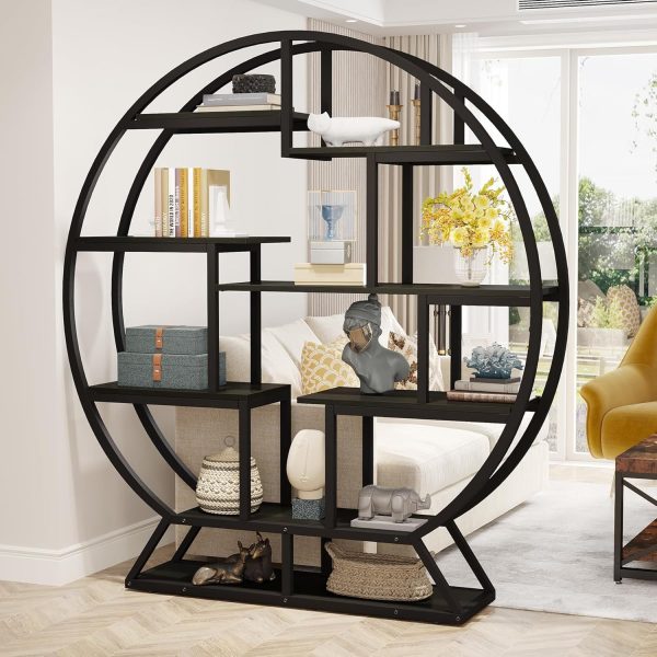 product-open-e612ffa8609c4d33b86665adba2a821e-goods 63 Inch Round Industrial Bookshelf - Rustic Wood & Metal Etagere Bookcase with Staggered Shelves, 350lb Capacity, Adjustable Leg Pads, Matte Black & Brown Finish, Open Shelving Organizer for Living Room, Home Office, Bedroom, Kitchen, Bookshelf Decorations, Versatile Display Shelf, Round Silhouette Shelf, Durable Particleboard