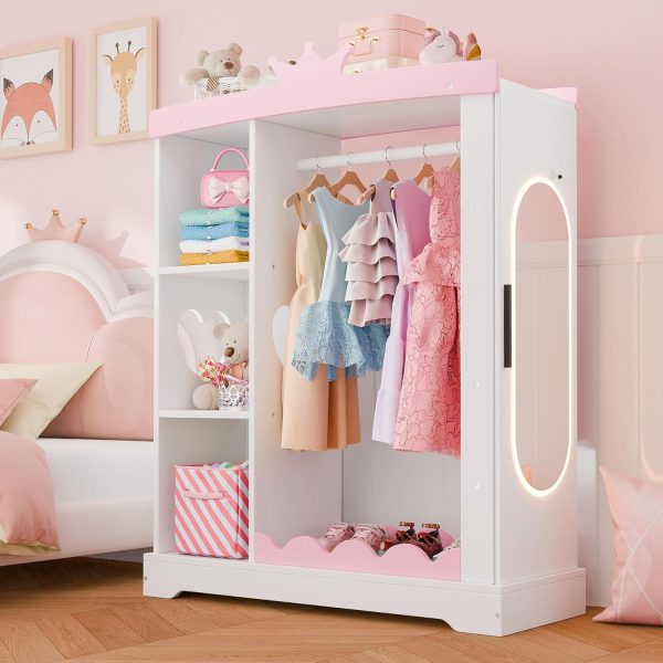 product-open-e68a774262ac40bf8830041f96d994f1-goods Kids Armoire with Jewelry Cabinet, Dress up Storage with Mirror and Shelves, Princess Dress Closet and Costumes Wardrobe Closet, Costume Organizer for Bedroom, Kids Room, Girls