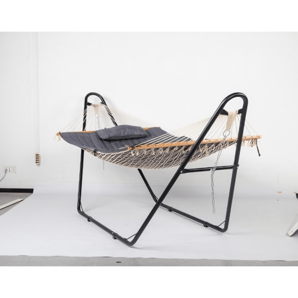 [Outdoor Camping] BABABA Heavy-Duty Iron Hammock with Stand - Large Outdoor Hanging Bed, 315x104x128cm Gray Bed Frame & Black Poles, 440lb Weight Capacity, Double-Layer Quilted Canvas Suitable for,, Balcony, Camping