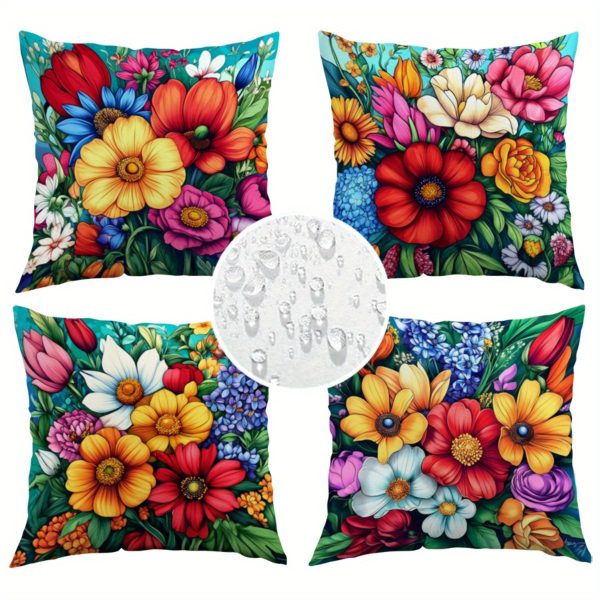 4pcs Set Vibrant Floral Print Outdoor Patio Sofa Cushions - Zippered Design, Machine Washable, Suitable for Summer Leisure and Seaside Decor, Outdoor Sofa Accessories | Vibrant Sofa Accents | Durable Outdoor Fabric
