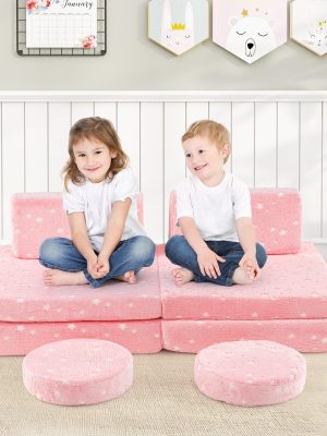 COSTWAY Modular Play Couch Set for Kids That Glows in The Dark, Foldable Sofa with Washable Flannel Covers, Easy-To-Carry Handles, And Convertible Foam Couch for Ages 3 And Up