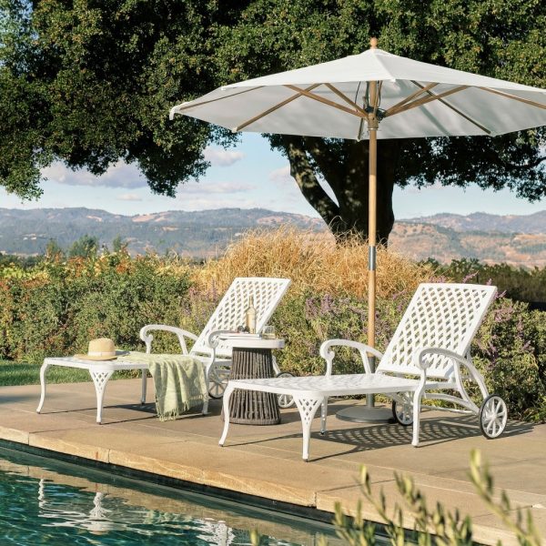 product-open-e8ddd3c6e45345d283db6889c3625fb4-goods Andehomy Cast Aluminum Outdoor Lounge Chair on Wheels, Patio Recliner with Adjustable Backrest in 3 Positions, Perfect for Poolside Relaxation, Bronze And White Color