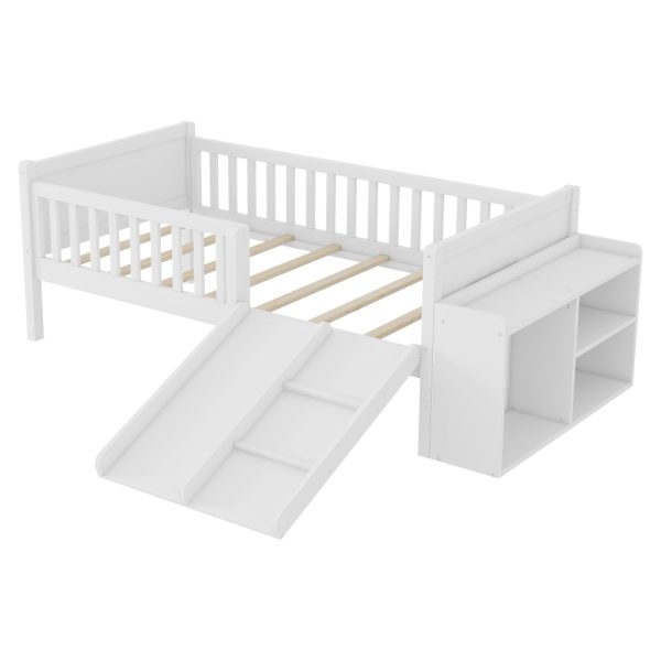product-open-e91c9604c2af4216b46a1a9e0ea56926-goods Twin Size Low Loft Bed for Kids with Slide, Movable Bookshelf Storage, Guardrails, Low Loft Bed Frame for Kids, White (Expect Arrival Date 2026/4/3)