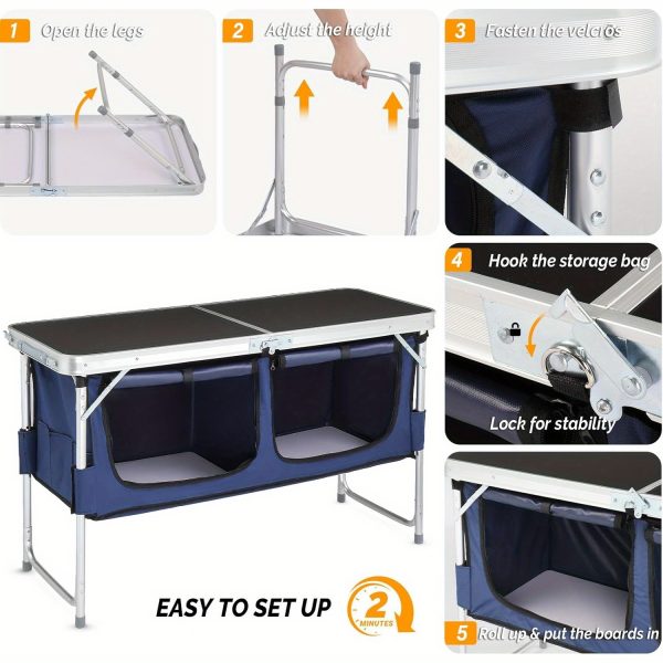 product-open-e951ca74ef714d79b60cb81b02bf8ce8-goods Bonnlo 4ft Folding Table with Storage Aluminum Camping Picnic Table Adjustable Height for Outdoor Beach BBQ Backyards Travel Party Garden Patio Folding Dining Table Black/ White Foldable Table Camping Gear and Equipment