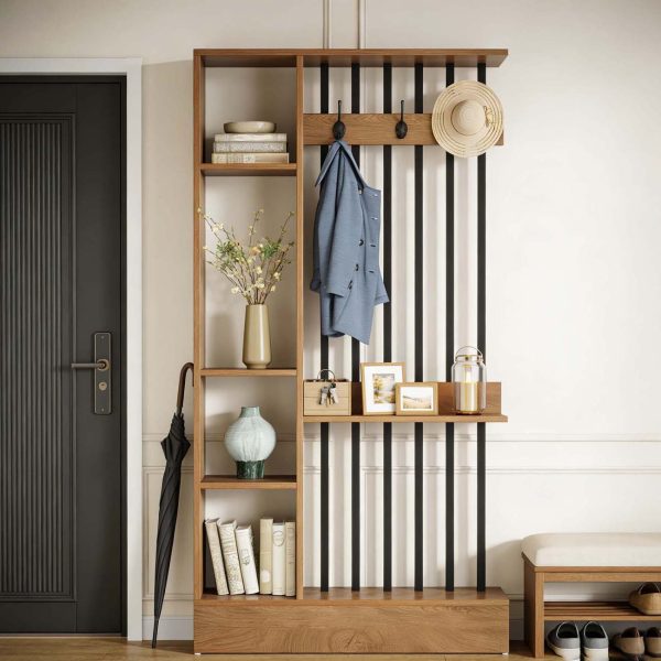 71-Inch Wooden Standalone Room Divider, Wall Partition Bookcase Featuring Shelves And Coat Hooks, a Contemporary Decorative Screen Suitable for Home And Office, in Brown