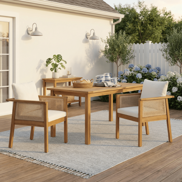 product-open-e9b2794fb5604600b17cd46ce0ef73e3-goods Set of 2 Outdoor Acacia Wood Dining Chairs - Patio Armchair with Natural Rattan Backrest, Cream Washable Cushion, Non-Slip Feet for Backyard Poolside Garden