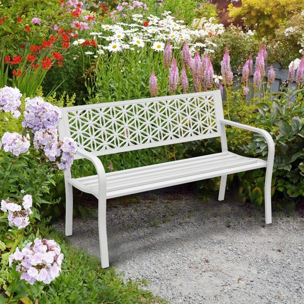 product-open-e9cc8417601f48cdbed0c822ad86c727-goods 50" Outdoor Bench Metal with Floral Back, Garden Bench Front Porch Bench for Yard Patio Entryway Park Outside, 800lb Capacity