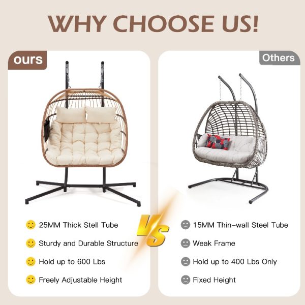 product-open-e9e056e815ed45318de3e594bbdee819-goods 2 Person Hanging Egg Chair with Stand, Outdoor Wicker Swing Chair with Cushion, Heavy Duty Loveseat Chair for Patio Balcony Bedroom