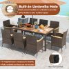 product-open-e9ed9eb859664394a52d4d49a01720ed-goods COSTWAY 9pcs Large Outdoor Dining Set with Acacia Wood Table & 8 Cushioned Chairs - Heavy-Duty PE Wicker Patio Furniture with 2" Umbrella Hole, Brown Wicker & Wood Finish, 400lb Capacity per Chair, 350lb Table - All-Weather Resistant for Deck, Garden, Backyard - Easy Assembly Required